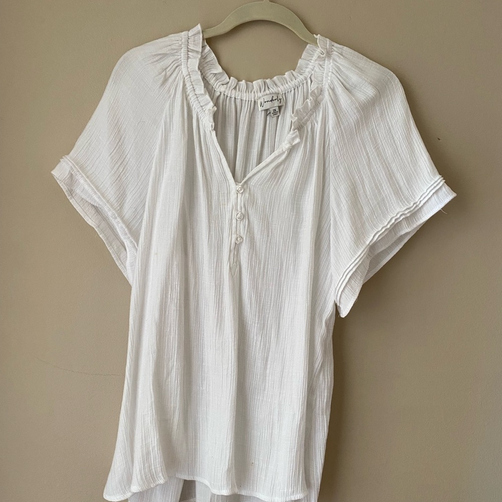 Wonderly White Ruffle-Neck Button Henley Blouse